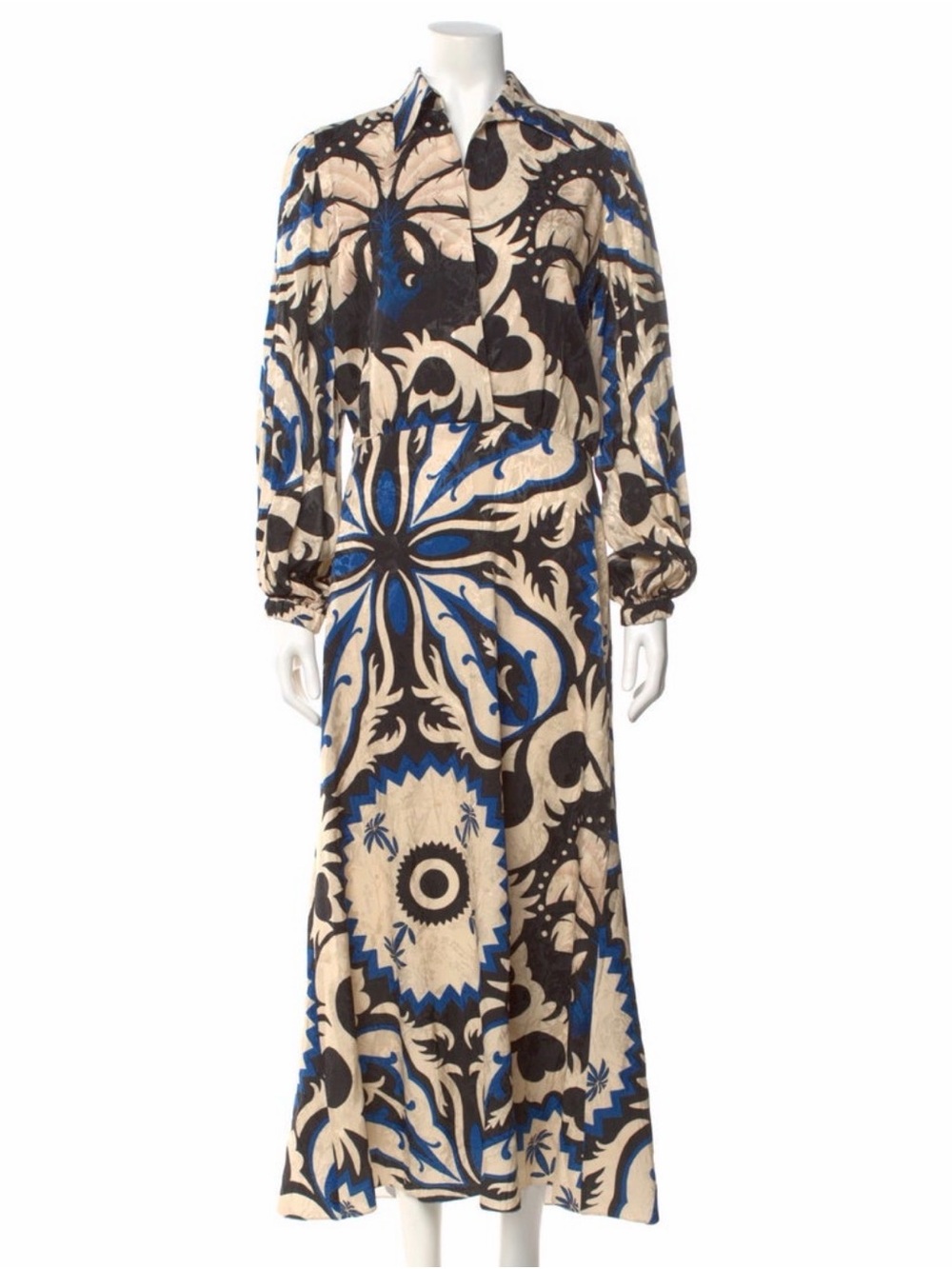 Johanna Ortiz Blue, Black and Cream Graphic Maxi Dress xs
